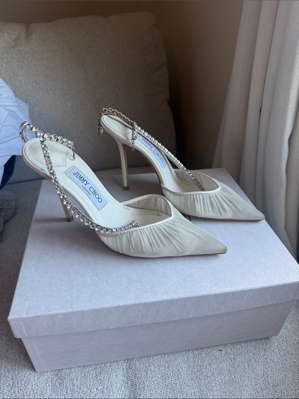 Jimmy Choo Ivory Crystal-Embellished Slingback Pumps
